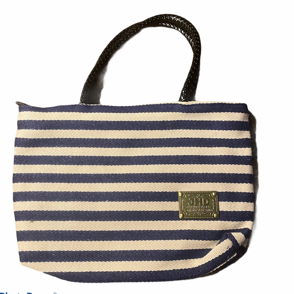 JHD cream blue stripe black handle handbag